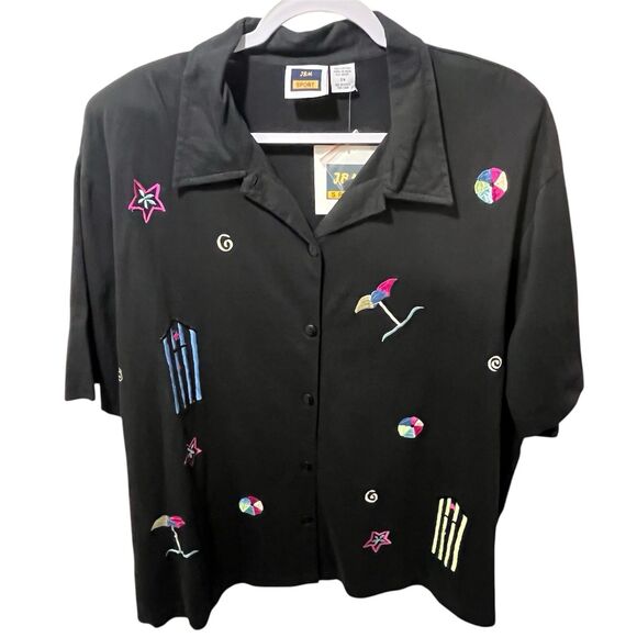 VTG JBM Sport 3X Black Button Front Shoulder Pads Beach Embroidery, Cotton, NWT - Picture 7 of 7